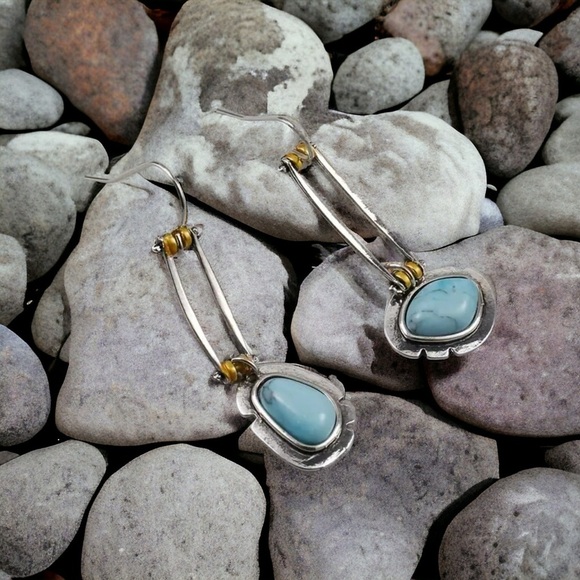 Two Tone Earrings With Turquoise Stones - Picture 3 of 5